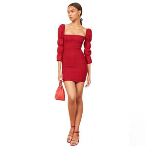 Reformation Red Jacinta Linen Blend Bodycon‎ Smocked Mini Dress Medium